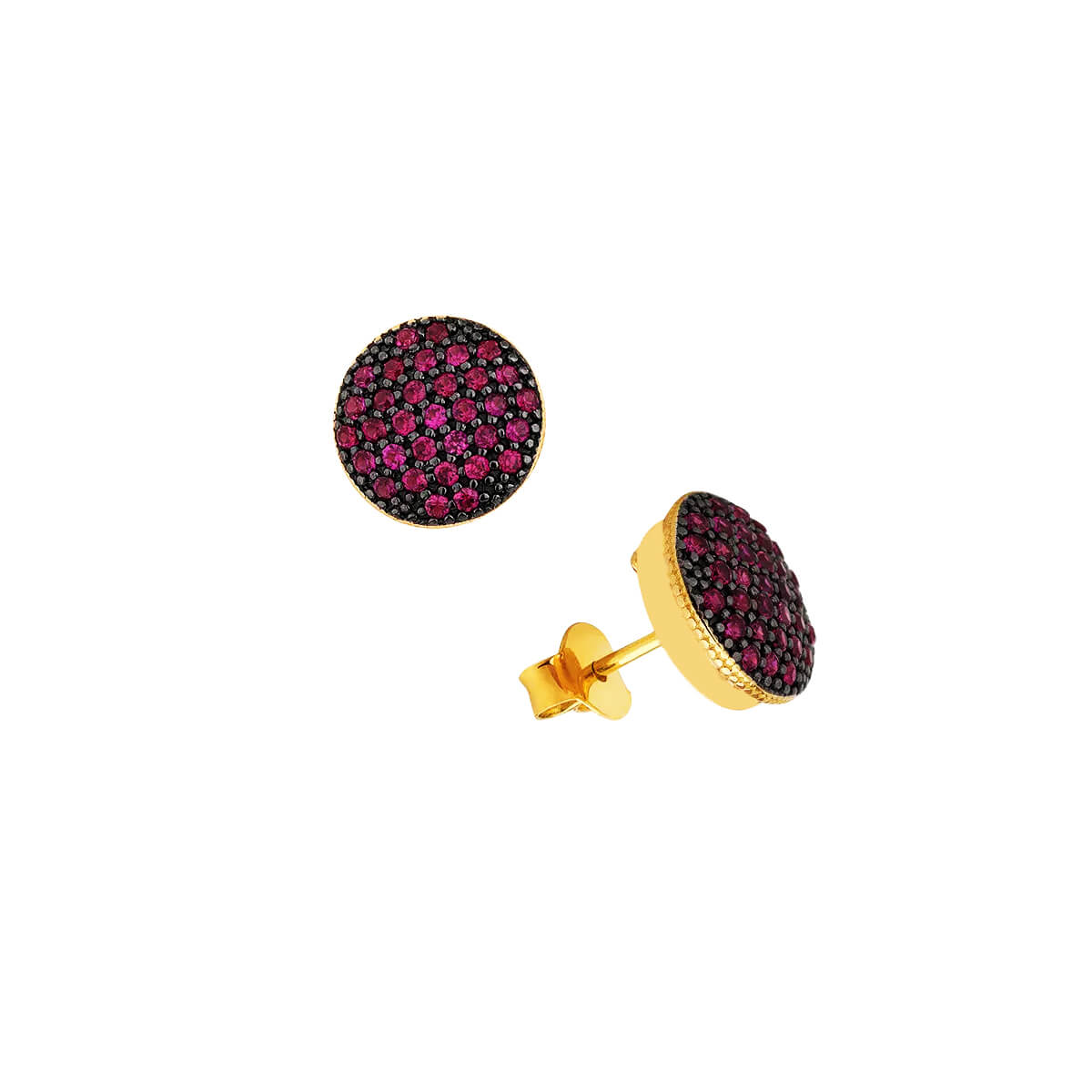 BRINCO FOLHEADO A OURO REDONDO COM ZIRCÔNIAS VERMELHAS