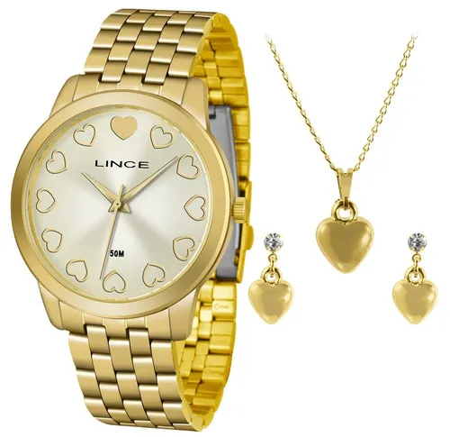 Kit Relogio Lince Feminino Lrgh093l Kv72 Dourado Analogico